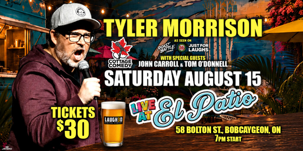 Tyler Morrison headlining a comedy show at El Patio in Bobcaygeon. Things to do in Bobcaygeon. Tyler Morrison local comedian holding a microphone. Cottage Comedy.