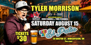 Tyler Morrison headlining a comedy show at El Patio in Bobcaygeon. Things to do in Bobcaygeon. Tyler Morrison local comedian holding a microphone. Cottage Comedy.